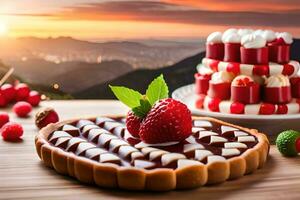 une dessert avec des fraises et Chocolat sur une tableau. généré par ai photo