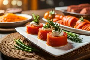 une table avec apéritifs et Viande. généré par ai photo