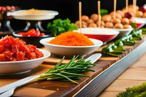 une buffet table avec divers les types de aliments. généré par ai photo