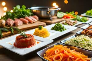 une table avec divers vaisselle de aliments. généré par ai photo