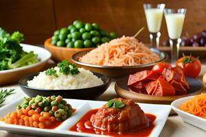 une table avec beaucoup différent les types de aliments. généré par ai photo