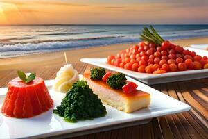 une assiette de nourriture avec des légumes et fruit sur le plage. généré par ai photo