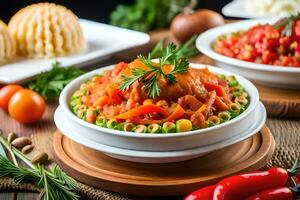 deux boules de Pâtes avec des légumes et Viande. généré par ai photo