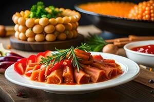 une assiette de nourriture avec Viande et des légumes. généré par ai photo