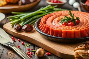 une assiette de fumé Saumon avec des légumes et autre ingrédients. généré par ai photo