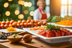 une buffet table avec divers les types de aliments. généré par ai photo