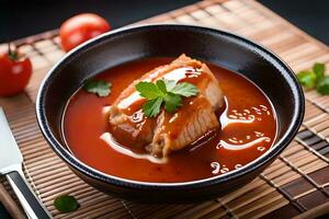 une bol de soupe avec Viande et tomates. généré par ai photo