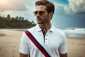 une homme dans des lunettes de soleil et une blanc polo chemise sur le plage. généré par ai photo