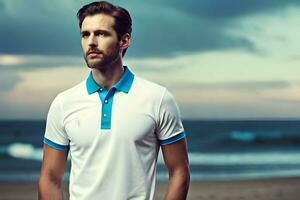 une homme dans une blanc chemise et bleu collier est permanent sur le plage. généré par ai photo