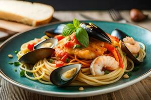 spaghetti avec moules, palourdes et crevette sur une plaque. généré par ai photo