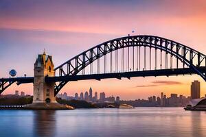 le Sydney port pont à le coucher du soleil. généré par ai photo