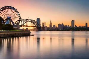 Sydney horizon à le coucher du soleil avec ferris roue et pont. généré par ai photo