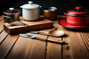 divers cuisine ustensiles asseoir sur une en bois tableau. généré par ai photo