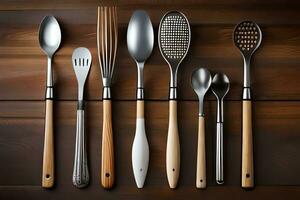 une collection de cuisine ustensiles sur une en bois tableau. généré par ai photo