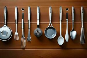 une collection de cuisine ustensiles arrangé sur une en bois surface. généré par ai photo