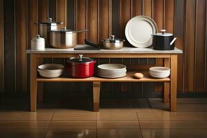 une cuisine table avec des pots et des casseroles sur il. généré par ai photo