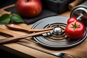 une en bois Coupe planche avec une tomate, fourchette et couteau. généré par ai photo