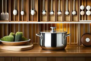 une cuisine avec une pot, cuillères et ustensiles sur une en bois étagère. généré par ai photo