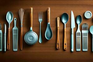 une collection de cuisine ustensiles arrangé sur une en bois surface. généré par ai photo