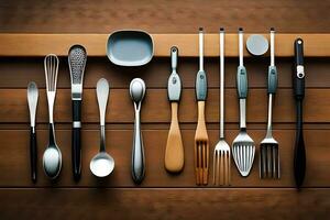 une collection de cuisine ustensiles arrangé sur une en bois surface. généré par ai photo