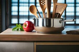 une pot avec en bois ustensiles sur Haut de une comptoir. généré par ai photo