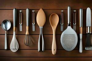 une collection de cuisine ustensiles arrangé sur une en bois tableau. généré par ai photo