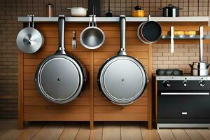 une cuisine avec des pots et des casseroles pendaison sur le mur. généré par ai photo