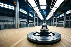 une grand industriel robot est séance dans une grand entrepôt. généré par ai photo
