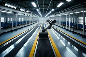 une longue convoyeur ceinture dans une usine avec lumières. généré par ai photo