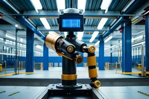 une robot est permanent dans une usine avec bleu des murs. généré par ai photo