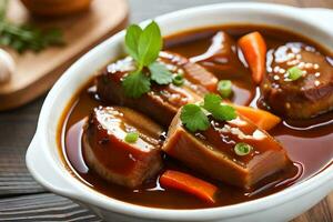 une bol de Viande et des légumes dans sauce. généré par ai photo