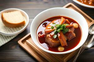 une bol de soupe avec Viande et des légumes. généré par ai photo