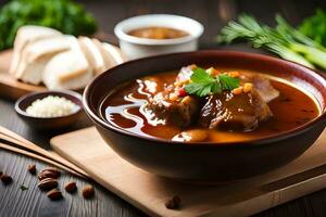 une bol de du boeuf Ragoût avec pain et herbes. généré par ai photo