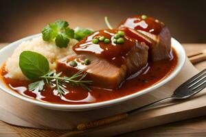 une assiette avec Viande et sauce sur Haut. généré par ai photo