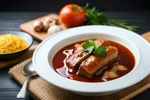 une bol de Viande et tomate soupe avec une cuillère. généré par ai photo