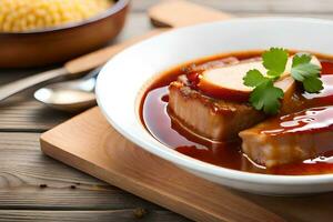 une bol de Viande et sauce sur une en bois tableau. généré par ai photo