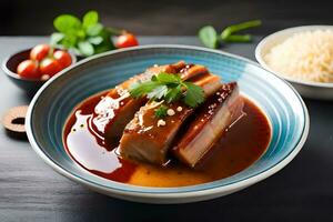 une assiette avec Viande et sauce sur il. généré par ai photo