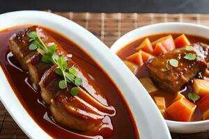 deux vaisselle de Viande et des légumes asseoir sur une tableau. généré par ai photo