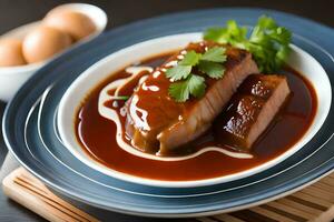 une assiette de nourriture avec sauce et des œufs. généré par ai photo