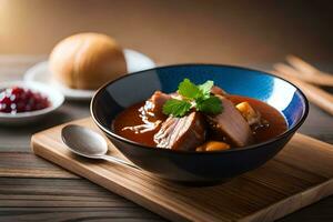 chinois porc et des légumes soupe dans bleu bol. généré par ai photo