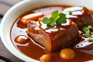 une bol de Viande et sauce sur une tableau. généré par ai photo