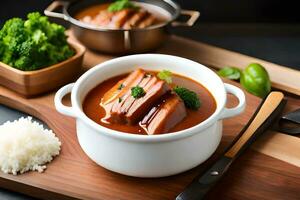 une bol de soupe avec Viande et des légumes sur une Coupe planche. généré par ai photo