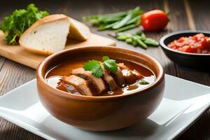 une bol de soupe avec Viande et des légumes sur une en bois tableau. généré par ai photo