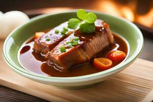 une bol de Viande et des légumes avec sauce sur une en bois tableau. généré par ai photo