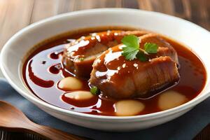 chinois porc ventre avec sauce et des légumes dans une bol. généré par ai photo