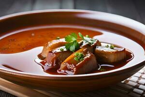 une bol de soupe avec Viande et sauce. généré par ai photo