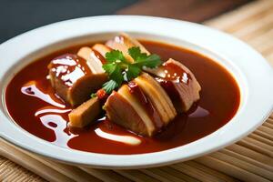 une bol de Viande et sauce sur une tableau. généré par ai photo