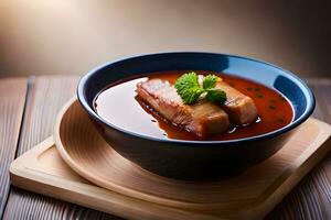 une bol de soupe avec Viande et des légumes sur Haut. généré par ai photo