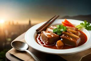 chinois nourriture avec Viande et des légumes dans sauce sur assiette avec baguettes. généré par ai photo