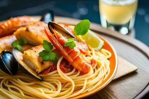 une assiette de Pâtes avec Fruit de mer et des légumes. généré par ai photo